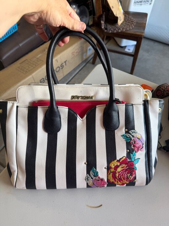 Betsey Johnson Handbags - Black & White Stripped, Floral Patches, Betsey Johnson Tote Bag, Handbag & Purse